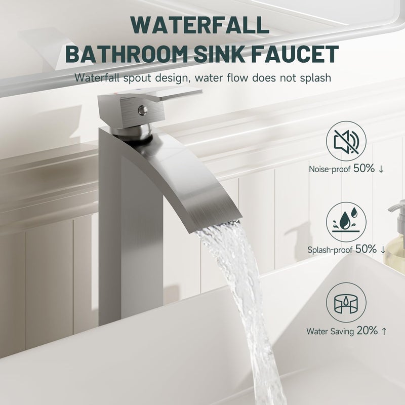 Green Spring Greenspring Brushed Nickel Vessel Sink Faucet, Waterfall Bathroom Faucets, Tall Spout Single Handle Single Hole Bathroom Faucets with Pop Up Drain and Without Overflow Basin Faucet Supply Line - Image 3